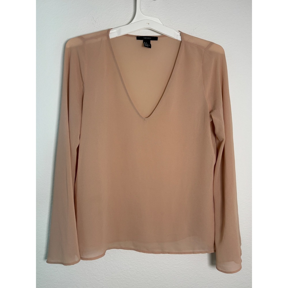 Forever 21 Peach Nude Sheer V-Neck Bell‎ Sleeve Blouse Medium